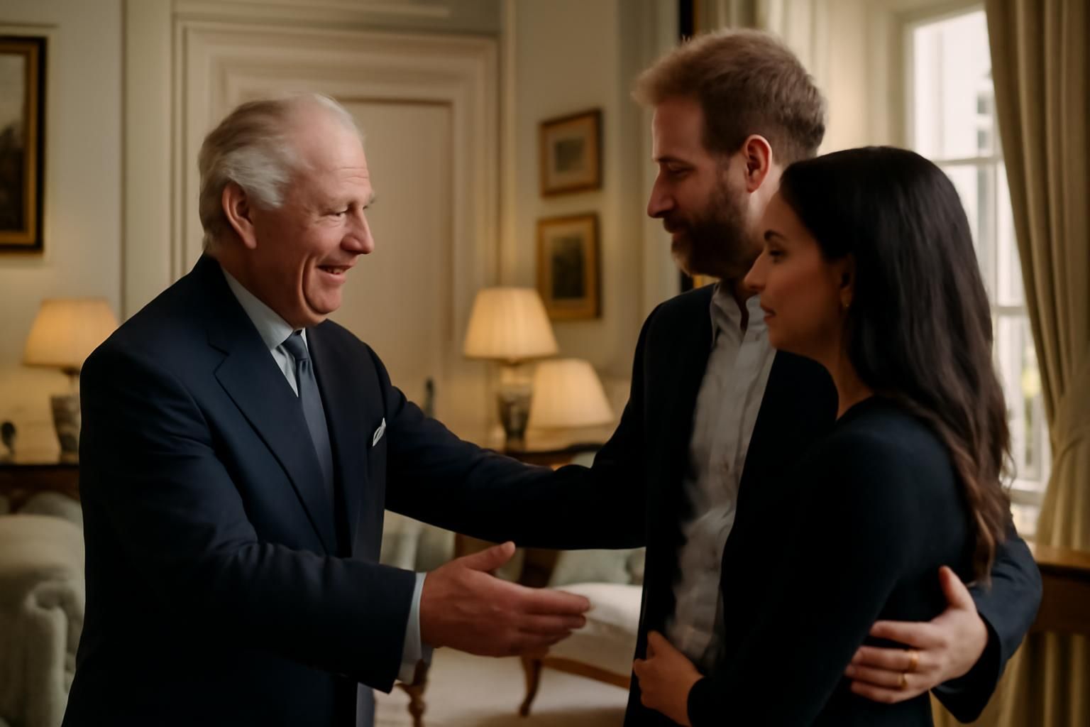 king charles warmly welcomes harry and meghan for an intimate family reunion, highlighting a moment of closeness and reconciliation within the royal family.