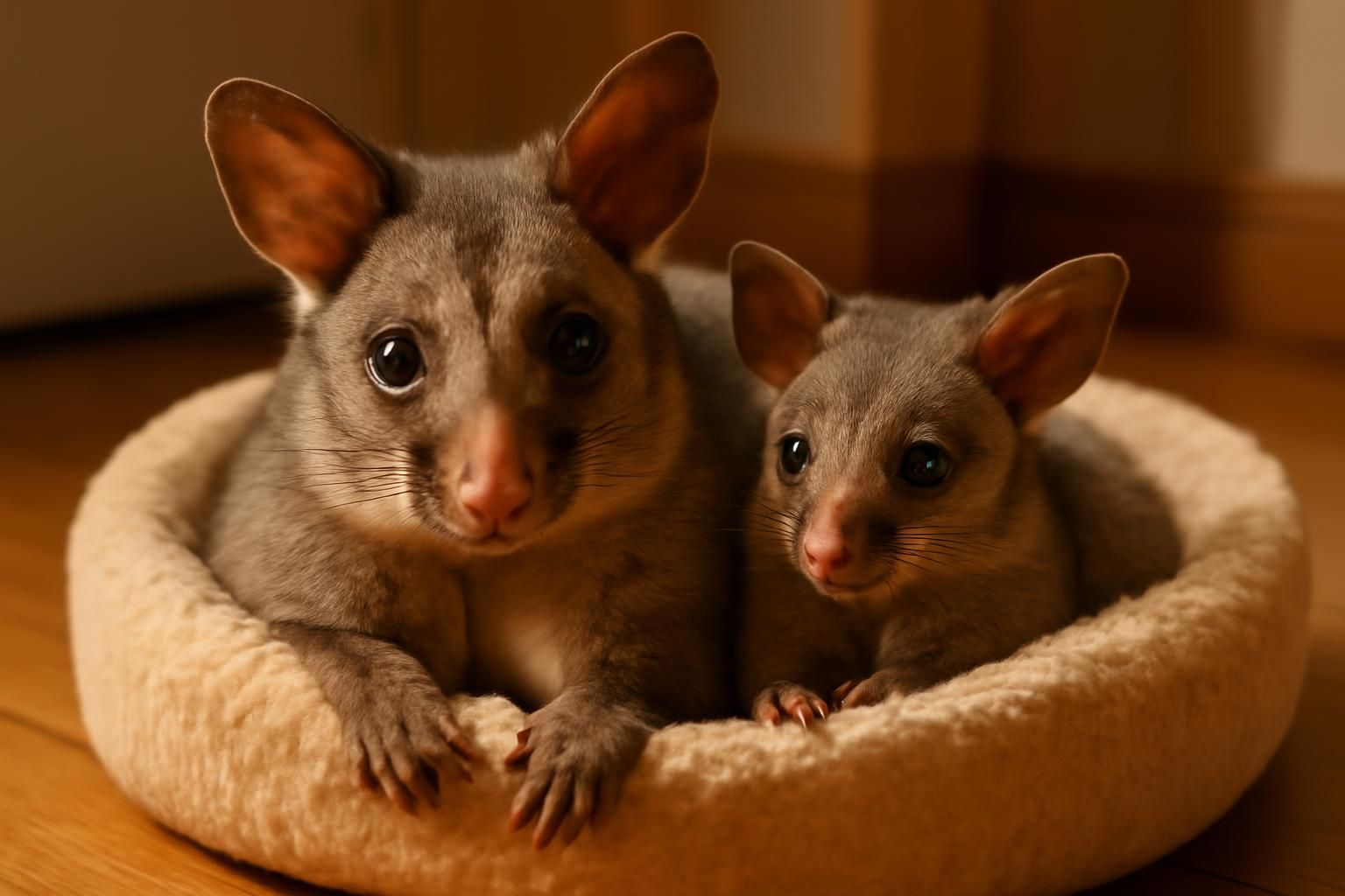 an australian homeowner finds a heartwarming scene as a mother possum and her joey snuggle together in the family cat's bed, showcasing nature's unexpected moments.