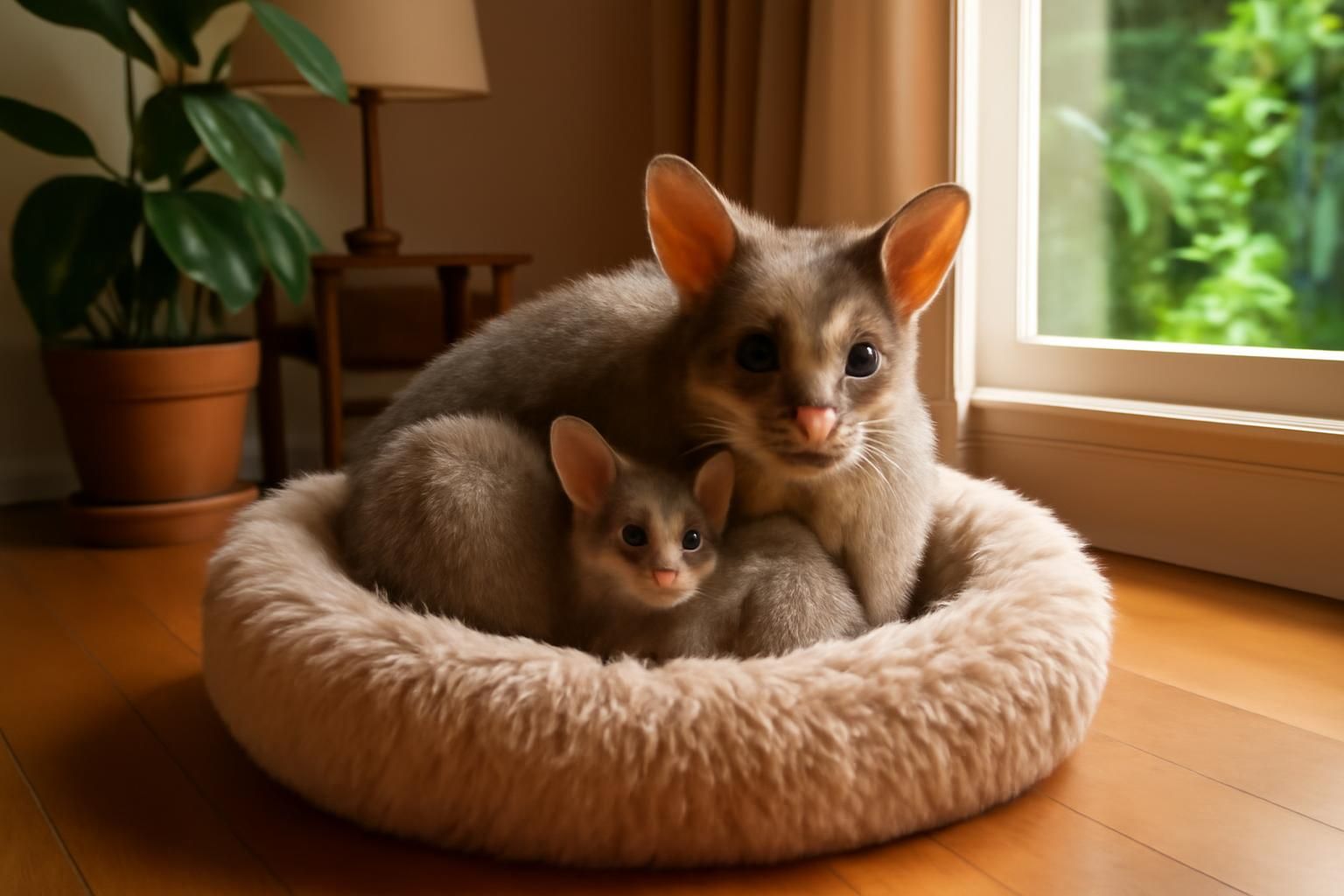 an australian homeowner finds a heartwarming scene as a mother possum and her joey snuggle comfortably in the family cat's bed, capturing a rare moment of peaceful coexistence.